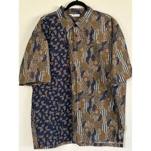 Keris Fashion Mens 3XL Batik Shirt Short Sleeve Cotton Split Print Navy Brown